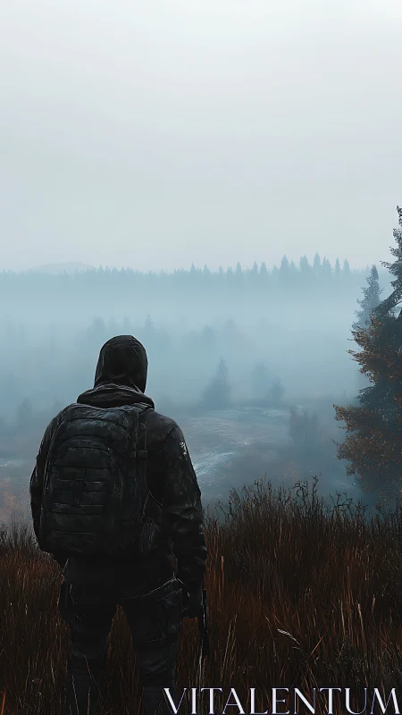 Solitary hooded figure overlooking misty forest plain.