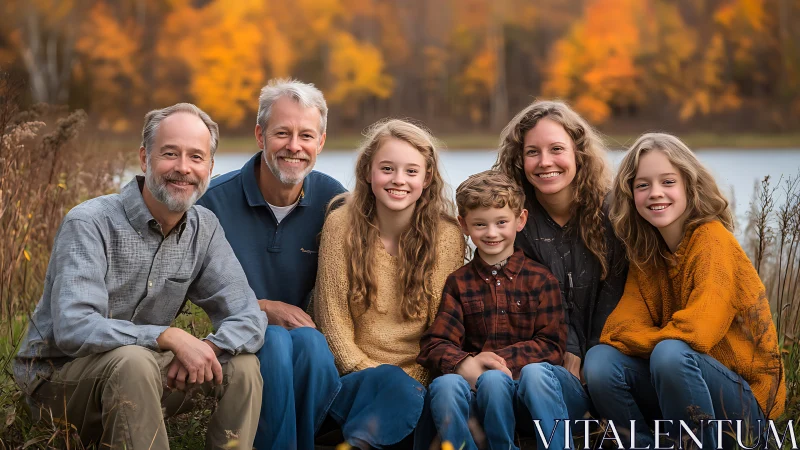 Family group sits outdoors by lake during autumn foliage