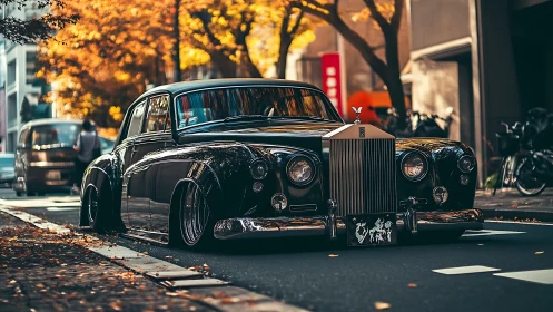 Low-slung classic Rolls glides through amber city autumn.