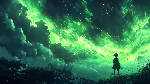 Silhouette of lone figure watching luminous green sky