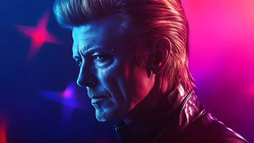 Side profile portrait of man in neon blue and magenta lighting