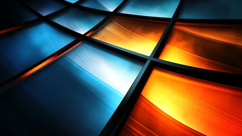 Curved glass grid with blue and orange illuminated panels.
