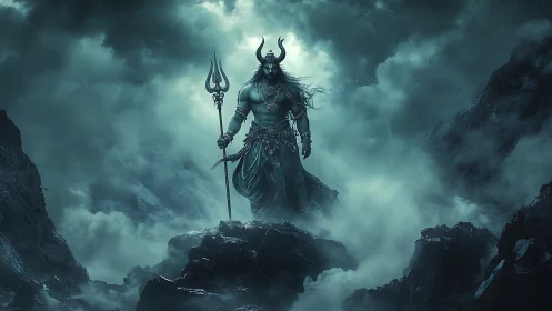 Stormlit trident warlord amid volcanic cliffs and swirling fog