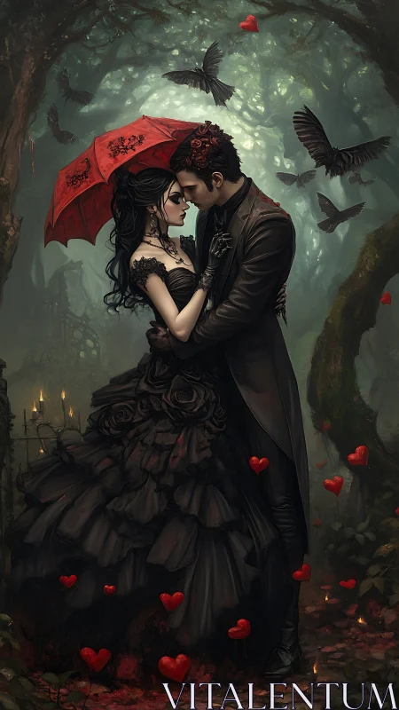 Gothic Romance: Couple Beneath Crimson Umbrella in Enchanted Forest.