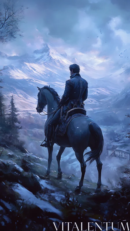 Lone rider observing snowy mountain valley at dusk.