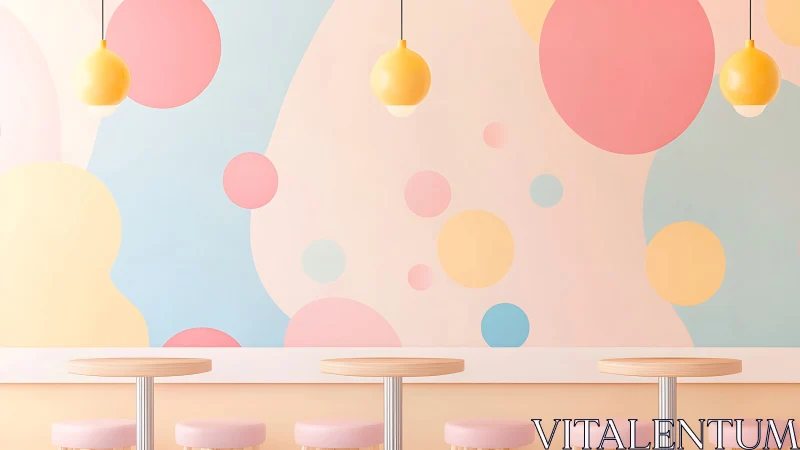 Pastel cafe interior with round stools and pendant lamps.