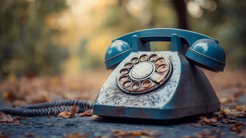 Rustic blue rotary phone resting on autumn leaves outdoors.