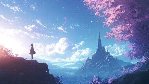 Girl on cliff facing distant fantasy castle at sunrise.