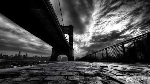 Monochrome urban bridge structure over cobblestone walkway.