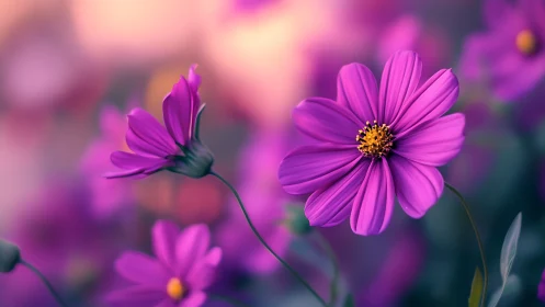 Magenta cosmos flowers in shallow depth of field arrangement.