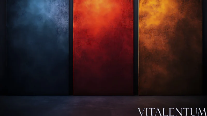 Triptych gradient panels in cinematic 3D environmental lighting.