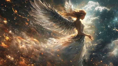 Radiant angelic figure ascends through stormlit heavens.