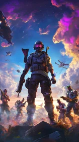 Armored squad leader dominates neon-lit sci-fi battlefield