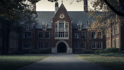 Moody neo-Gothic college courtyard under overcast light.