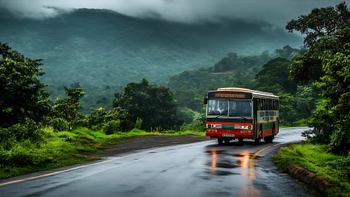 Bus travels on wet mountain road through dense green hills