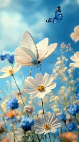 Gentle butterflies dancing above soft white and blue blooms.
