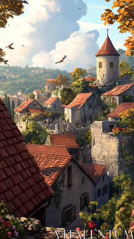 Sunlit medieval hillside village with terracotta roofs and tower
