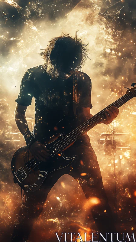 Silhouetted bassist performing amid dense light and sparks.