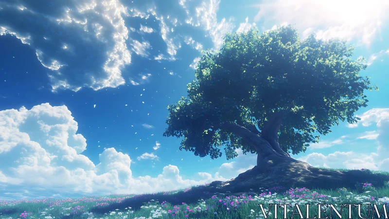 Majestic tree under bright sky in dreamy digital landscape art.