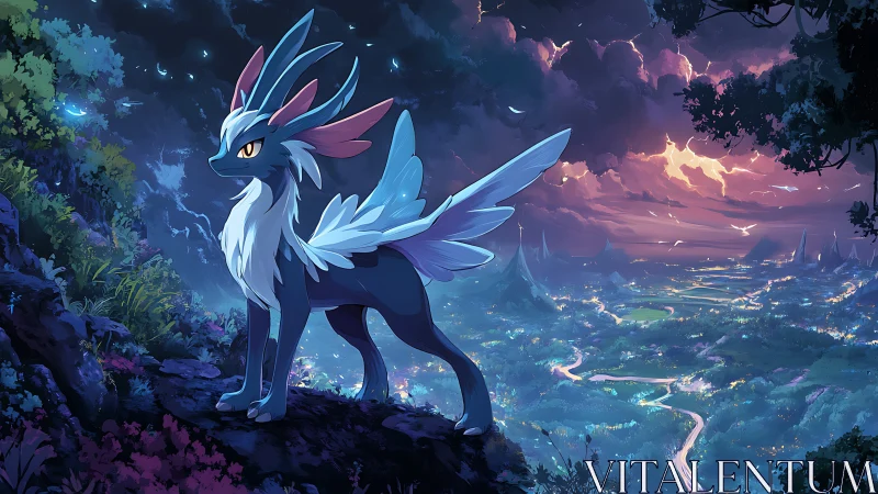 Celestial winged fox overlooking luminous fantasy valley.