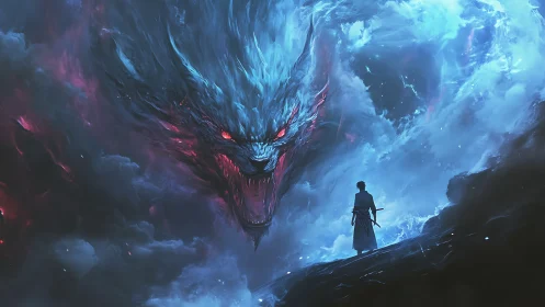 Storm-lit samurai confronting colossal spectral dragon sky.