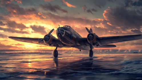 Digital painting of vintage twin-engine aircraft at dusk runway.