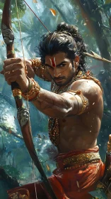 Warrior archer in forest setting with drawn bow ready to fire.