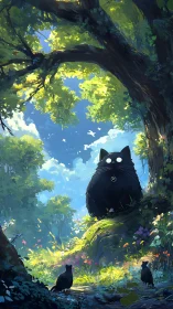 Black Cat Gazes from Forest Hollow Beneath Blue Sky