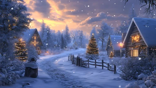 Snow-covered village lane with illuminated log cabins at dusk.