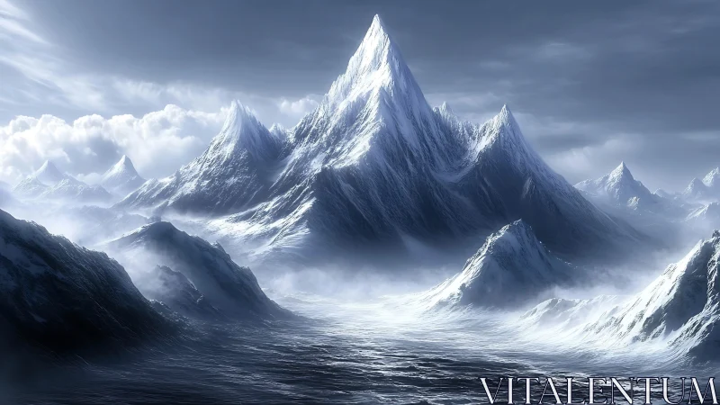 Frozen jagged mountain range rises above misty glacial valley