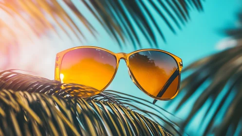 Orange sunglasses on palm leaves in bright tropical light.