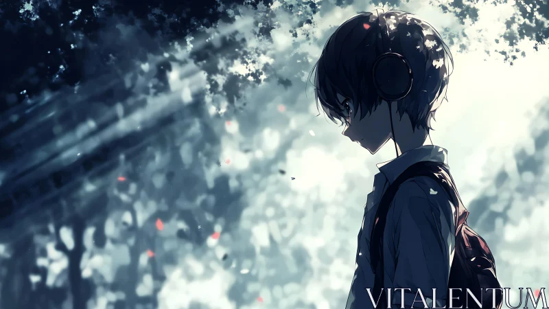 Solitary student wearing headphones in dappled forest light.