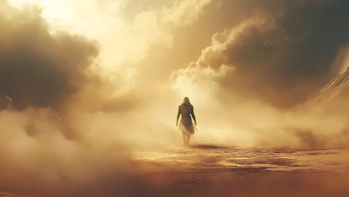 Digital painting of lone wanderer in luminous desert fogscape.