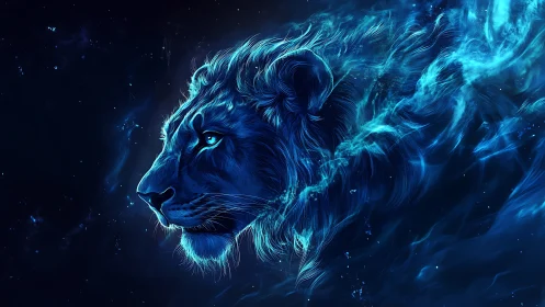 Cosmic blue lion drifting through a quiet starry night.
