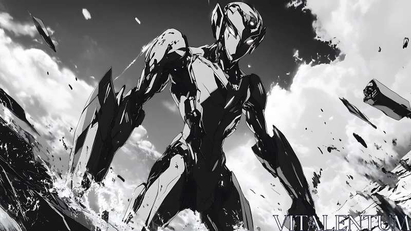Chrome titan strides through shattered waves and broken sky.