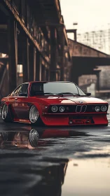 Low-slung red classic BMW coupe rendered in cinematic photorealism