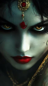 Mythic goddess portrait with gold headpiece and red bindi