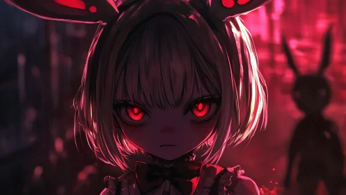 Crimson-eyed bunny girl under neon backlight, dark alleyway.