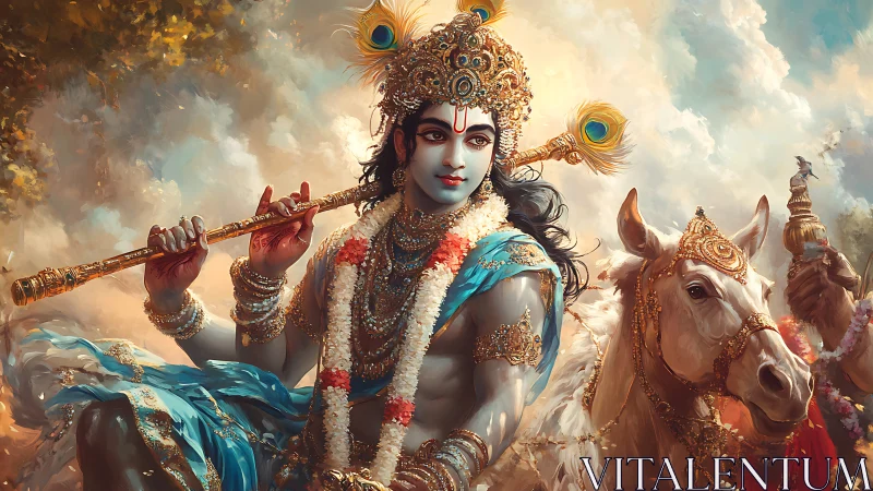 Divine blue-skinned figure with flute on decorated horse.