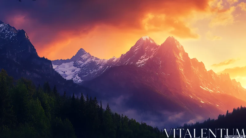 Spectral alpine ridgeline under volumetric sunset illumination.