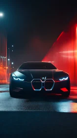 Midnight sports car glows against bold red city lights