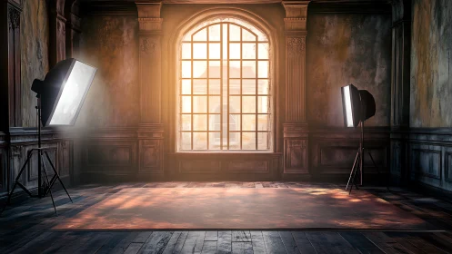 Warm sunlight fills a vintage photo studio with quiet charm