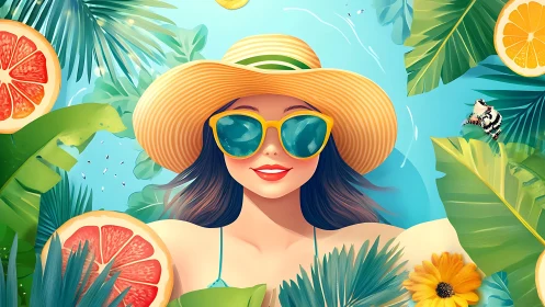 Woman relaxing in pool with fruit and tropical leaves.