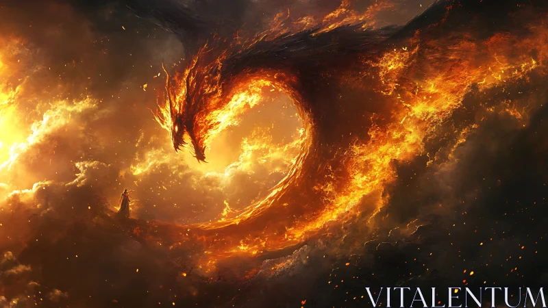 Fiery dragon form encircling robed figure in burning sky.