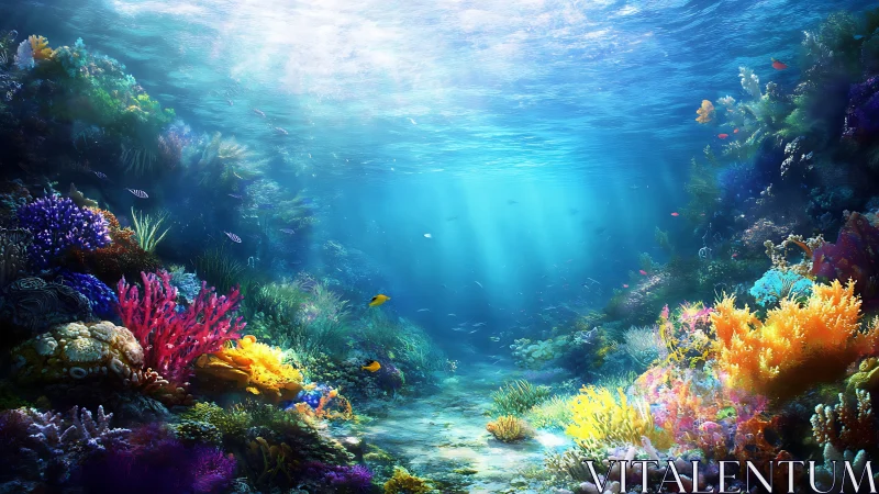 Vibrant coral reef under clear sunlit tropical water.