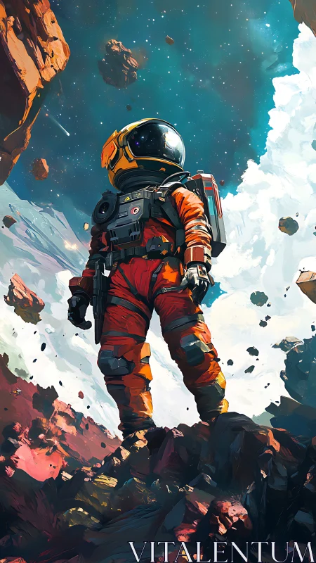 Solitary astronaut standing on rocky alien landscape.