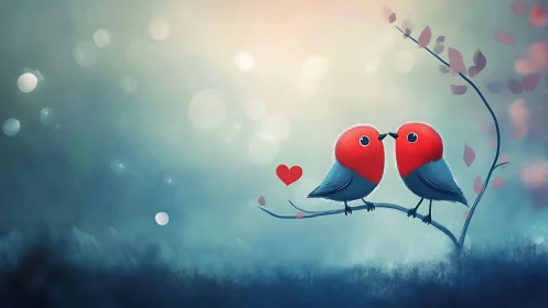 Two red-headed birds perched on branch with heart symbol.
