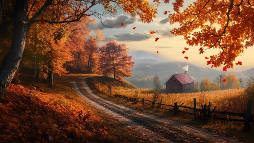 Golden autumn lane curves toward a distant rustic cottage.