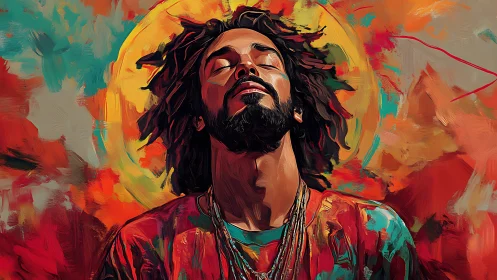 Haloed dreamer bathing in molten sunset brushstrokes.