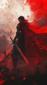 Dark armored swordsman with flowing red cape in battle haze.